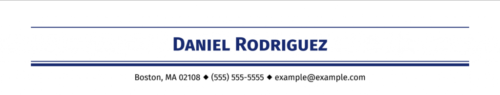 Sample resume header layout and formatting